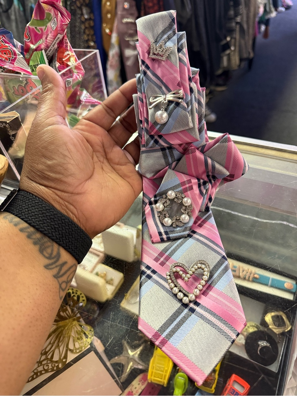 Pink & Gray Plaid Jeweled Necktie Accessory